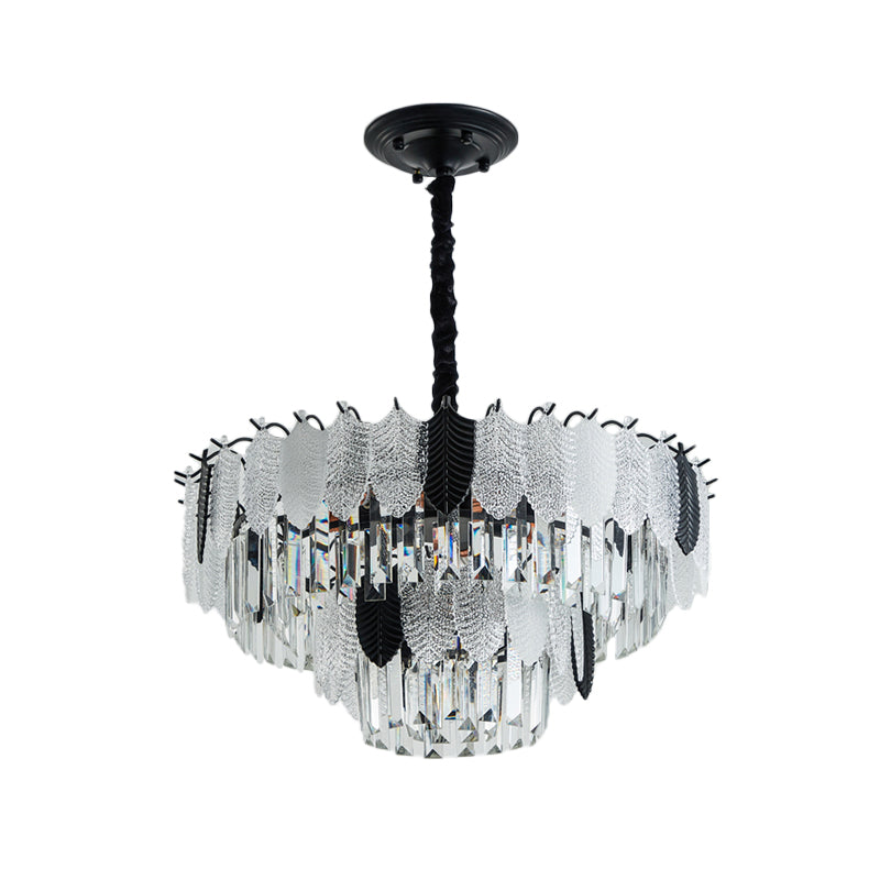 Tiered Ceiling Chandelier Modernist Crystal 11 Lights Black Hanging Light Kit with Leaf Acrylic Detail Clearhalo 'Ceiling Lights' 'Chandeliers' 'Modern Chandeliers' 'Modern' Lighting' 979587