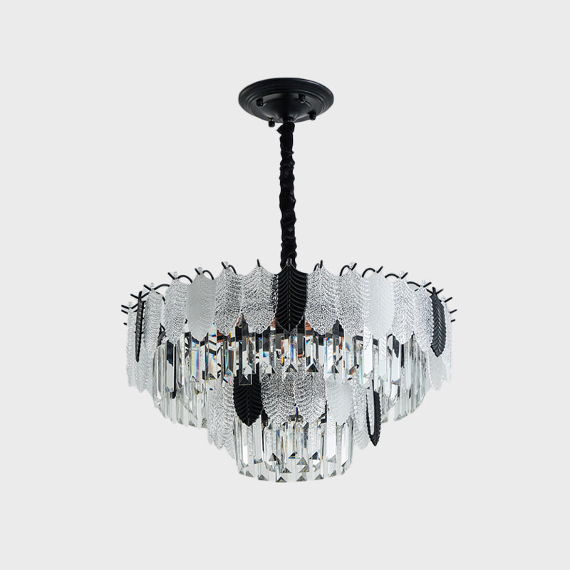 Tiered Ceiling Chandelier Modernist Crystal 11 Lights Black Hanging Light Kit with Leaf Acrylic Detail Clearhalo 'Ceiling Lights' 'Chandeliers' 'Modern Chandeliers' 'Modern' Lighting' 979588