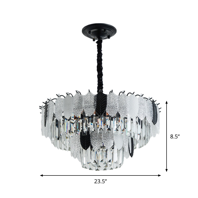 Tiered Ceiling Chandelier Modernist Crystal 11 Lights Black Hanging Light Kit with Leaf Acrylic Detail Clearhalo 'Ceiling Lights' 'Chandeliers' 'Modern Chandeliers' 'Modern' Lighting' 979589