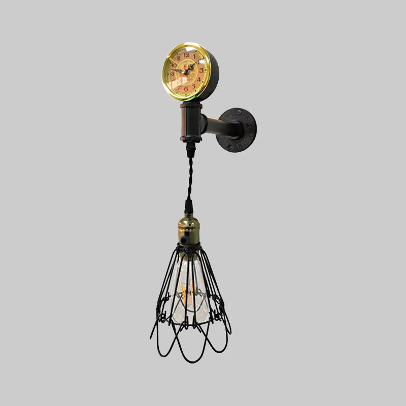 1 Bulb Metal Wall Hanging Light Farmhouse Aged Brass/Black Wire Frame Corridor Sconce Lighting with Gauge Clearhalo 'Art deco wall lights' 'Cast Iron' 'Glass' 'Industrial wall lights' 'Industrial' 'Middle century wall lights' 'Modern' 'Rustic wall lights' 'Tiffany' 'Traditional wall lights' 'Wall Lamps & Sconces' 'Wall Lights' Lighting' 980686