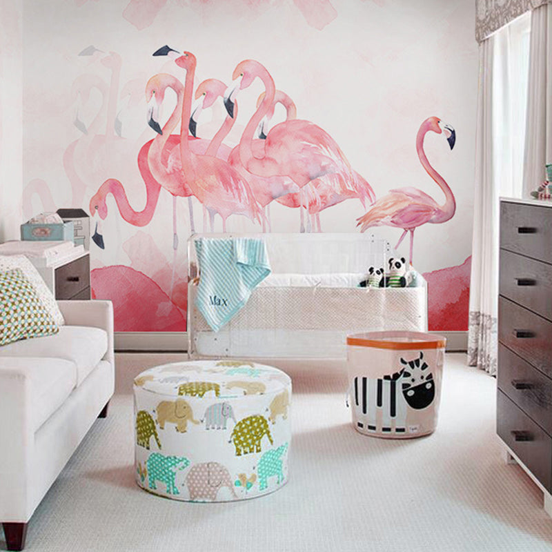 Extra Large Mural Wallpaper Nordic Novelty Flamingo Wall Art in Pastel Pink Clearhalo 'Wall Decor' 'Wall Mural' 982159