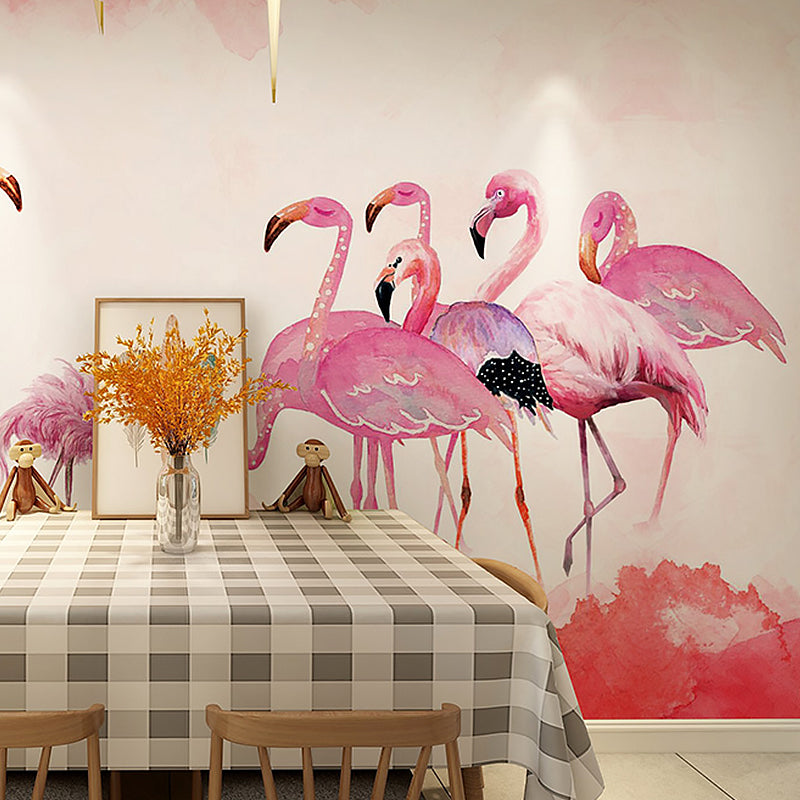 Pink Flamingo Mural Wallpaper Stain-Resistant Wall Covering for Home Decoration Pink Clearhalo 'Wall Decor' 'Wall Mural' 982164