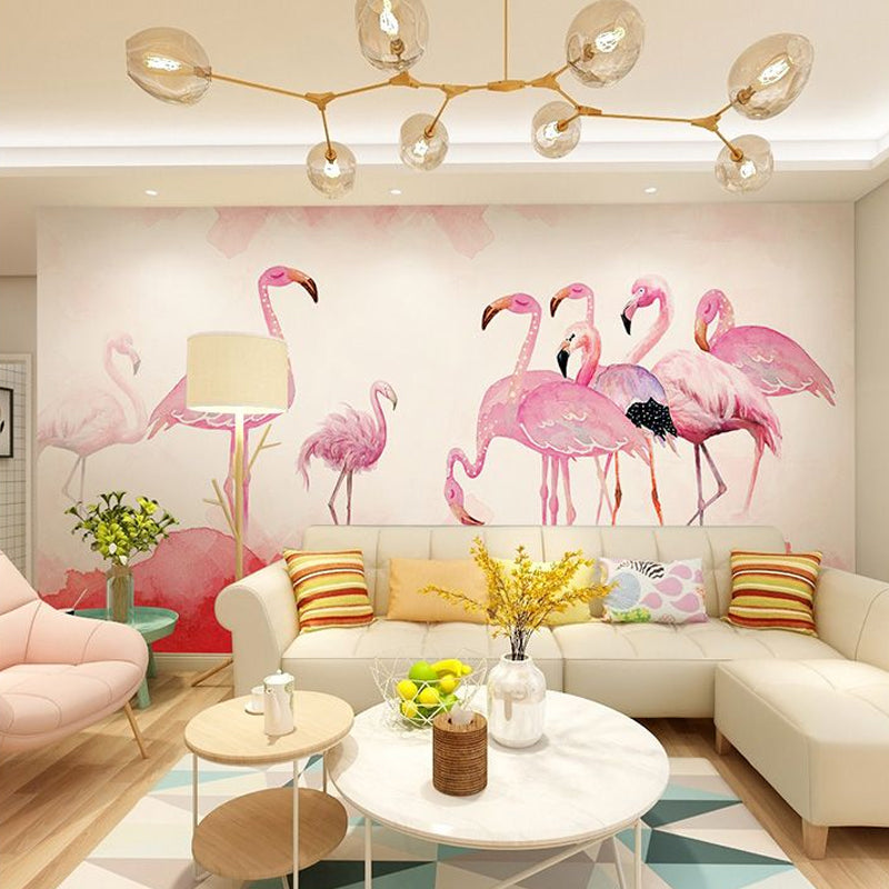 Pink Flamingo Mural Wallpaper Stain-Resistant Wall Covering for Home Decoration Clearhalo 'Wall Decor' 'Wall Mural' 982165