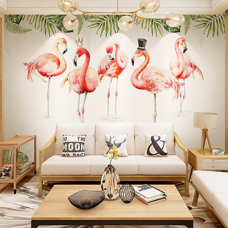 Illustration Style Flamingo Large Mural for Living Room and Gallery, Customized Size Available Pink Clearhalo 'Wall Decor' 'Wall Mural' 982170