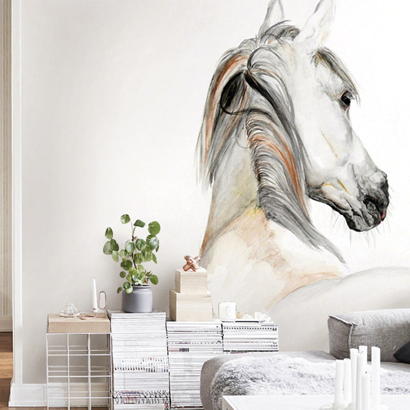 Chinese Wall Mural for Guest Room, Horse in Grey and Brown, Personalized Size Available Gray-Coffee Clearhalo 'Wall Decor' 'Wall Mural' 982176