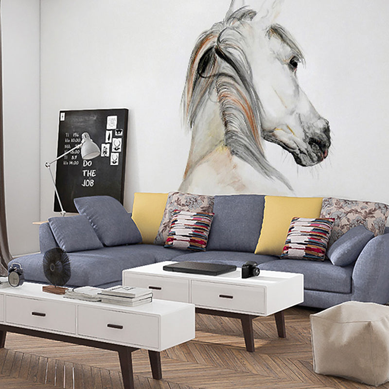 Chinese Wall Mural for Guest Room, Horse in Grey and Brown, Personalized Size Available Clearhalo 'Wall Decor' 'Wall Mural' 982178