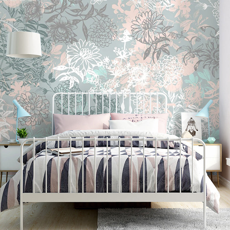 Full Illustration Blossoming Flower Mural for Bedroom in Grey, Customized Size Available Grey Clearhalo 'Wall Decor' 'Wall Mural' 982206