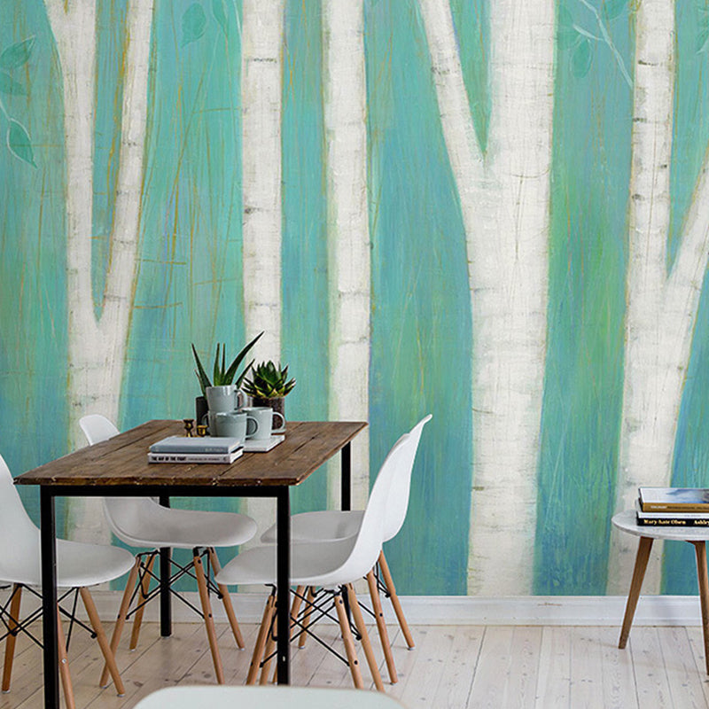 Contemporary Wall Art Green and Blue Birch Tree Mural Wallpaper, Personalized Size Available Clearhalo 'Wall Decor' 'Wall Mural' 982262