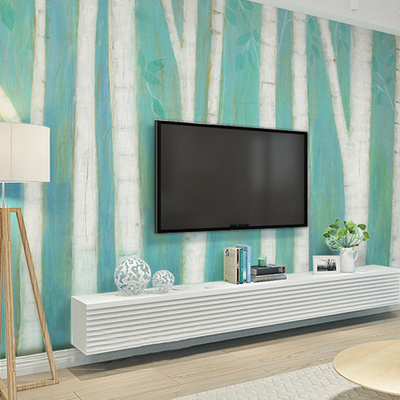 Contemporary Wall Art Green and Blue Birch Tree Mural Wallpaper, Personalized Size Available Clearhalo 'Wall Decor' 'Wall Mural' 982263