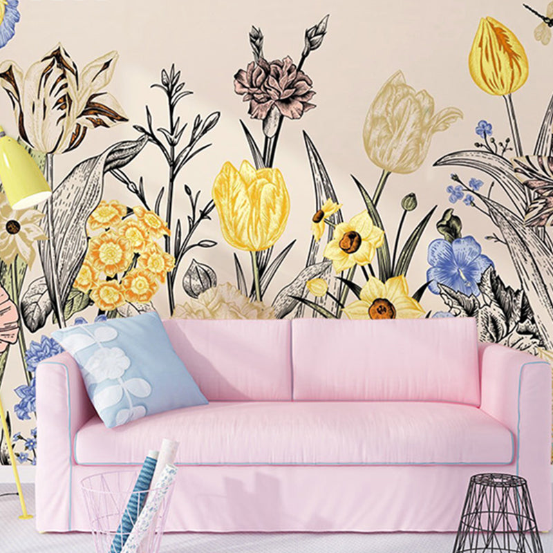 Illustration Garden Blossom Big Mural Wallpaper for Home Decoration, Personalized Sized Available Yellow-Green-Grey Clearhalo 'Wall Decor' 'Wall Mural' 982278