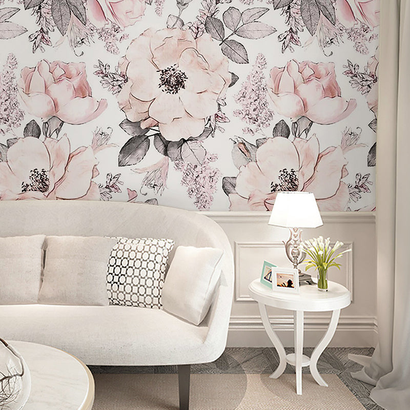 Romantic Grey and Pink Mural Wallpaper with Floral Design for Bedroom, Non-Woven Material Gray-Pink Clearhalo 'Wall Decor' 'Wall Mural' 982284