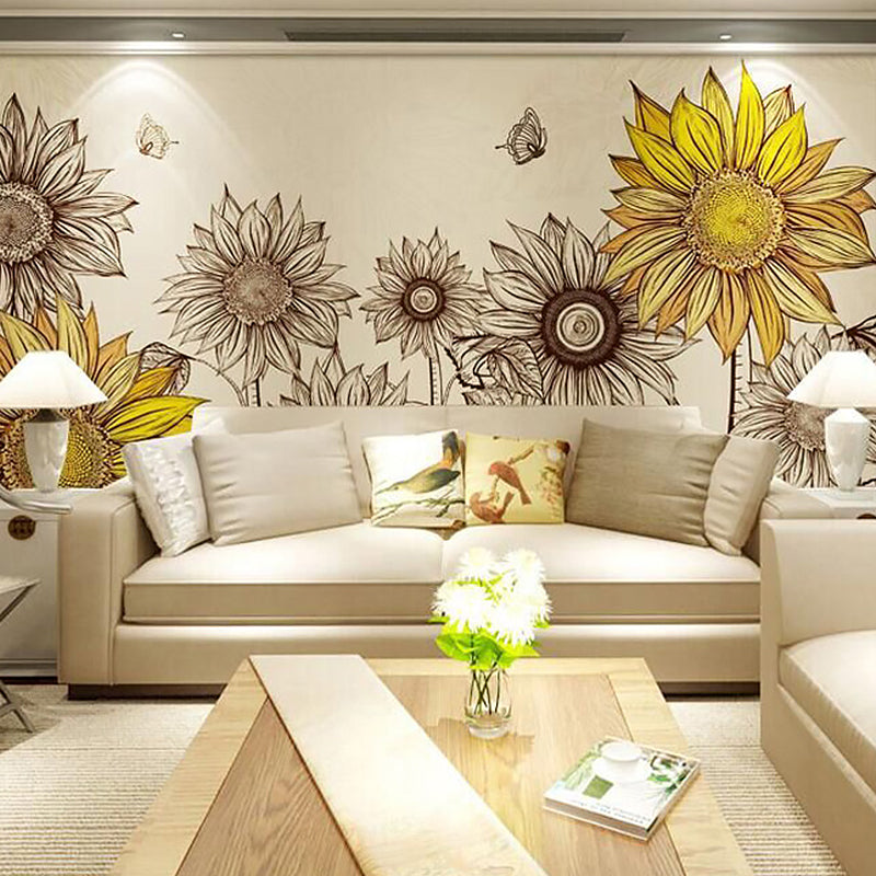 Sunflower Wall Art in Yellow, Nostalgic Countryside Mural Wallpaper for Home Decor Clearhalo 'Wall Decor' 'Wall Mural' 982292