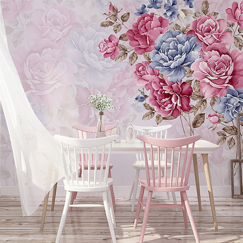 Full Size Wall Covering for Living Room Cluster Flower Mural in Pink and Blue, Moisture-Resistant Pink-Blue Clearhalo 'Wall Decor' 'Wall Mural' 982296