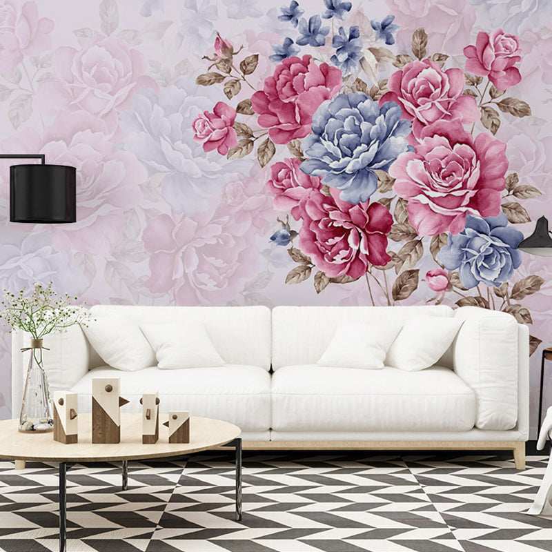 Full Size Wall Covering for Living Room Cluster Flower Mural in Pink and Blue, Moisture-Resistant Clearhalo 'Wall Decor' 'Wall Mural' 982297