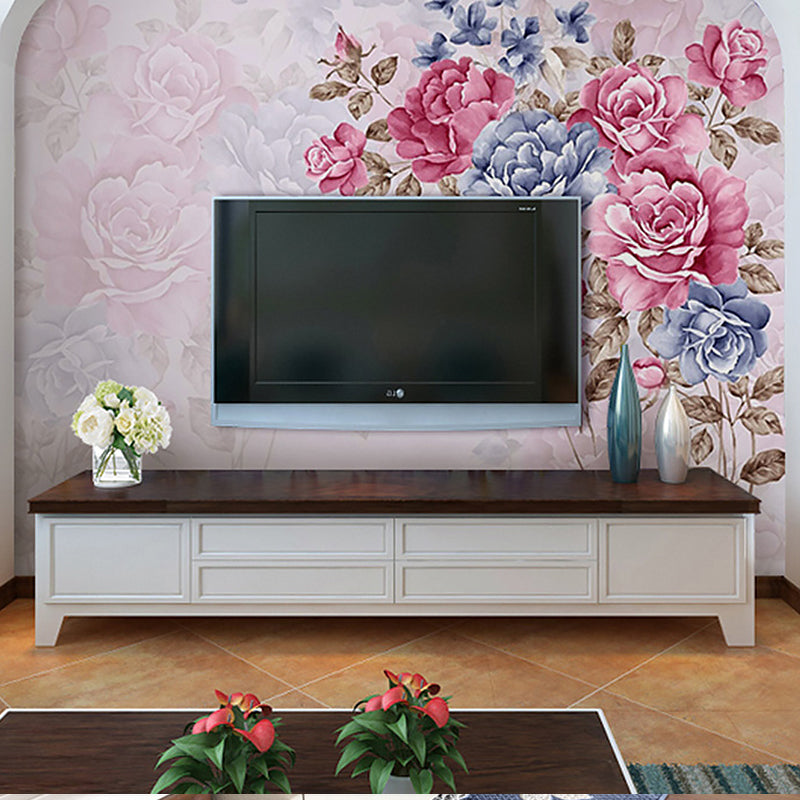 Full Size Wall Covering for Living Room Cluster Flower Mural in Pink and Blue, Moisture-Resistant Clearhalo 'Wall Decor' 'Wall Mural' 982298