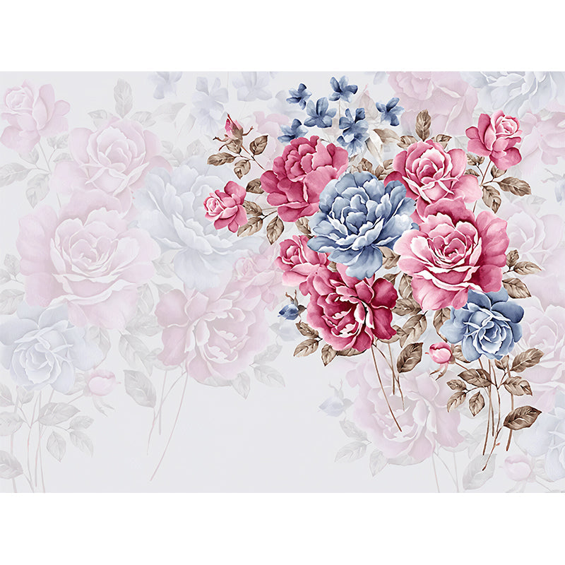 Full Size Wall Covering for Living Room Cluster Flower Mural in Pink and Blue, Moisture-Resistant Clearhalo 'Wall Decor' 'Wall Mural' 982300