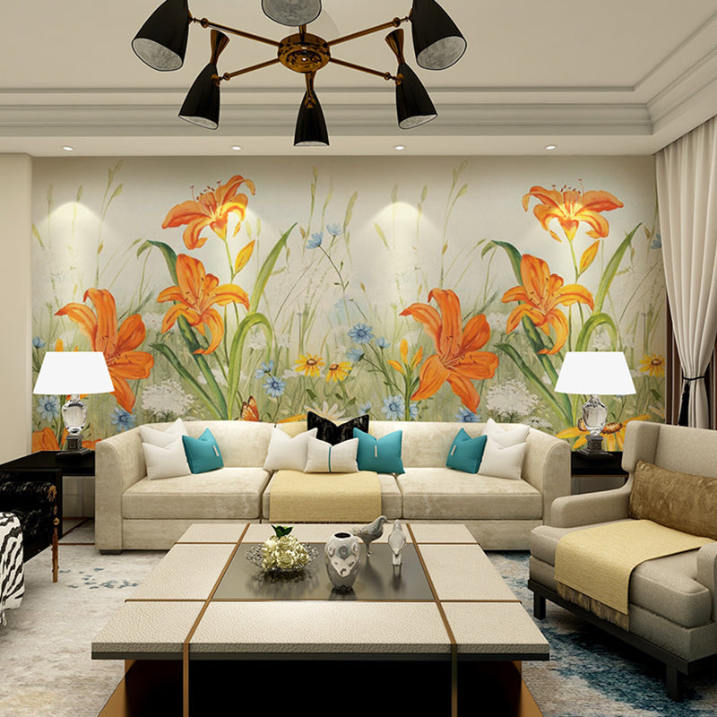 Giant Illustration Fresh Mural Wallpaper for Gallery with Floral Design in Orange and Blue Clearhalo 'Wall Decor' 'Wall Mural' 982303