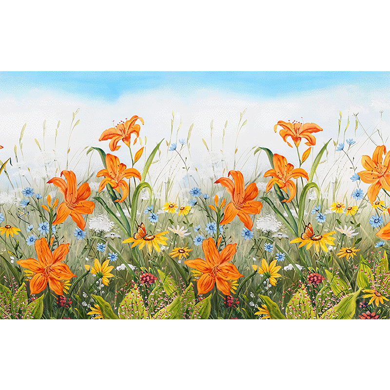 Giant Illustration Fresh Mural Wallpaper for Gallery with Floral Design in Orange and Blue Clearhalo 'Wall Decor' 'Wall Mural' 982306