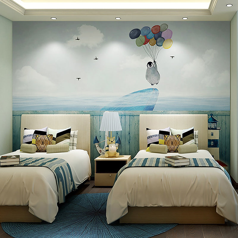 Blue Penguin and Balloon Mural Stain-Resistant for Boy's or Girl's Bedroom Blue Clearhalo 'Wall Decor' 'Wall Mural' 982374