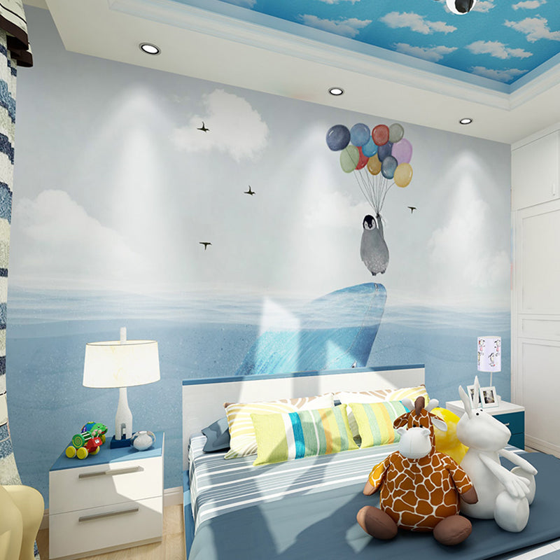 Blue Penguin and Balloon Mural Stain-Resistant for Boy's or Girl's Bedroom Clearhalo 'Wall Decor' 'Wall Mural' 982375