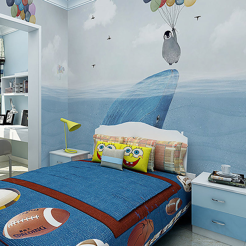 Blue Penguin and Balloon Mural Stain-Resistant for Boy's or Girl's Bedroom Clearhalo 'Wall Decor' 'Wall Mural' 982376