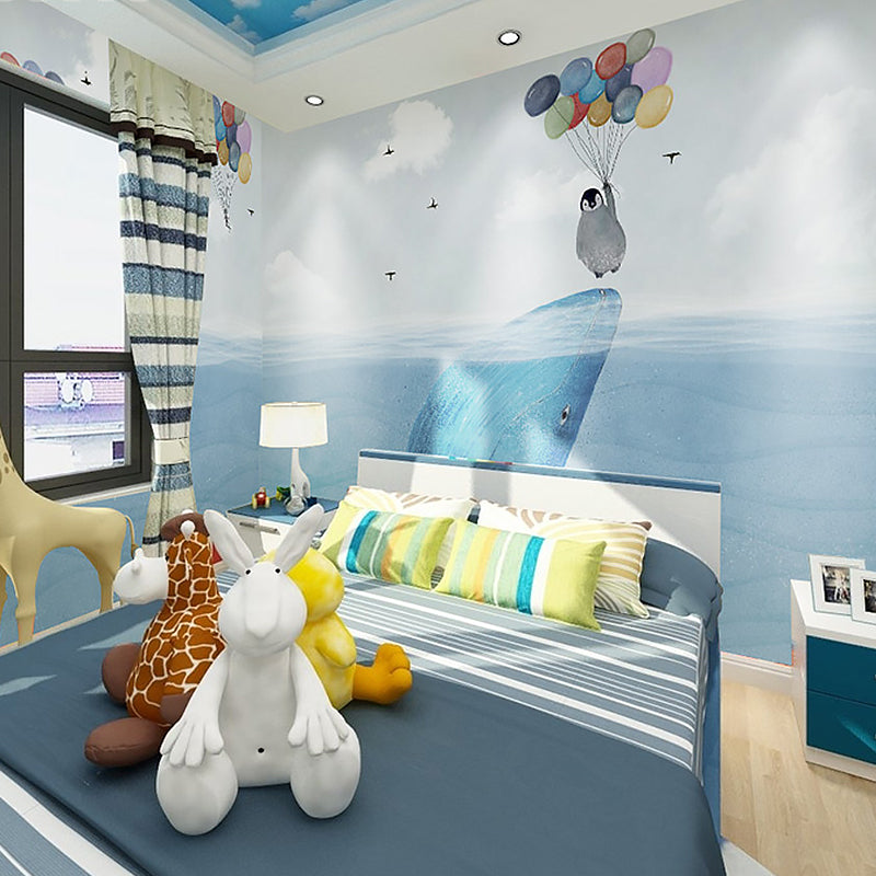 Blue Penguin and Balloon Mural Stain-Resistant for Boy's or Girl's Bedroom Clearhalo 'Wall Decor' 'Wall Mural' 982377