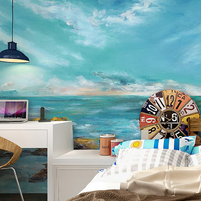 Contemporary Mural Wallpaper for Home Decoration, Sea Scene in Sky Blue, Personalized Size Available Blue Clearhalo 'Wall Decor' 'Wall Mural' 982386