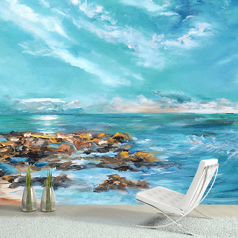 Contemporary Mural Wallpaper for Home Decoration, Sea Scene in Sky Blue, Personalized Size Available Clearhalo 'Wall Decor' 'Wall Mural' 982388