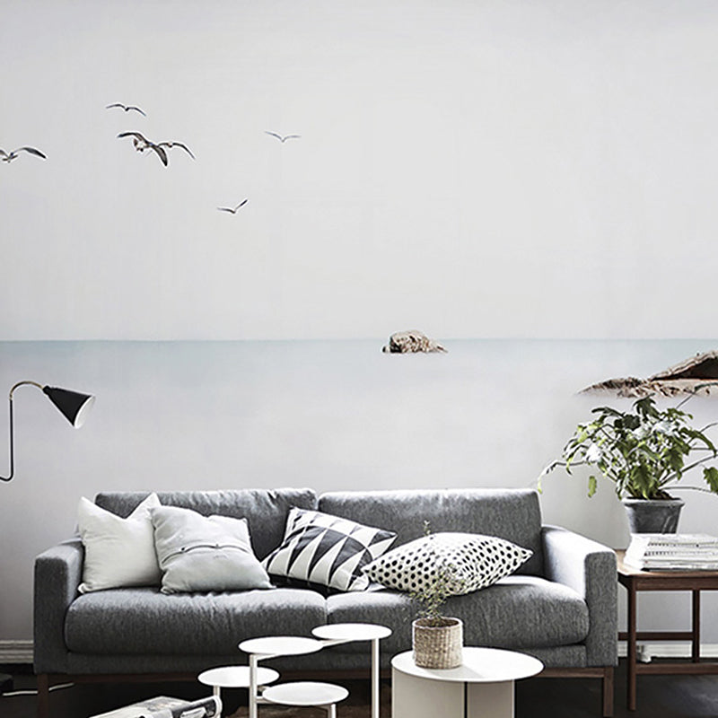 Minimalist Wall Art with Grey and White Sea and Rock for Living Room, Non-Woven Fabric Light Gray-White Clearhalo 'Wall Decor' 'Wall Mural' 982392