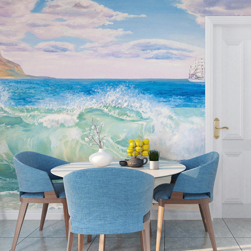 Full Size Wall Art for Living Room Seashore and Island Mural in Blue, Stain-Resistant Clearhalo 'Wall Decor' 'Wall Mural' 982406