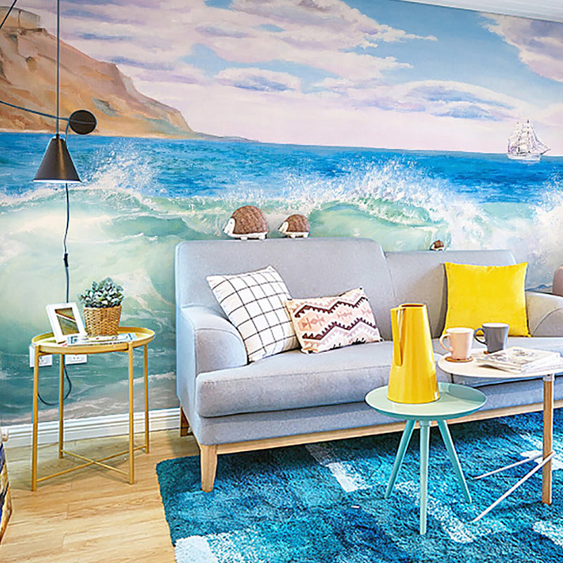 Full Size Wall Art for Living Room Seashore and Island Mural in Blue, Stain-Resistant Clearhalo 'Wall Decor' 'Wall Mural' 982407