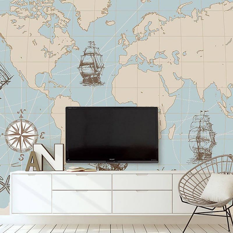 Whole Illustration Mid Century Mural for Living Room with World Map and Sailing Boat in Pastel Blue Light Blue Clearhalo 'Wall Decor' 'Wall Mural' 982410