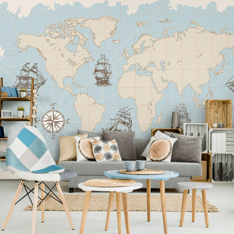 Whole Illustration Mid Century Mural for Living Room with World Map and Sailing Boat in Pastel Blue Clearhalo 'Wall Decor' 'Wall Mural' 982412