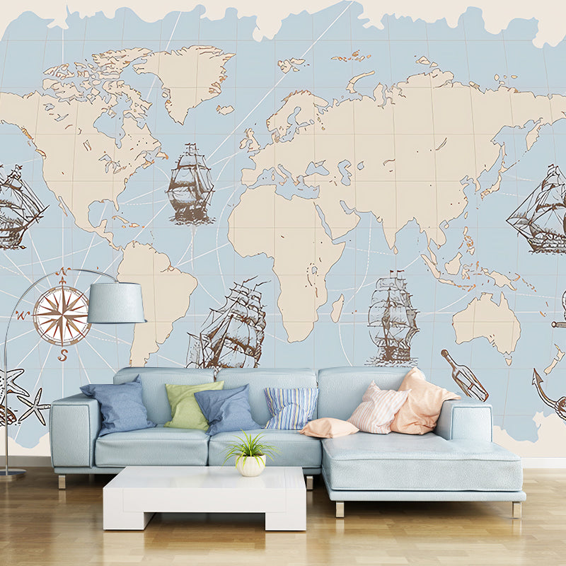 Whole Illustration Mid Century Mural for Living Room with World Map and Sailing Boat in Pastel Blue Clearhalo 'Wall Decor' 'Wall Mural' 982413