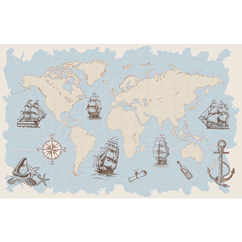 Whole Illustration Mid Century Mural for Living Room with World Map and Sailing Boat in Pastel Blue Clearhalo 'Wall Decor' 'Wall Mural' 982414