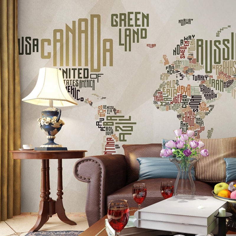 Decorative Non-Woven Fabric Mural Contemporary World Map Wall Covering for Home Decoration Light Khaki Clearhalo 'Wall Decor' 'Wall Mural' 982416