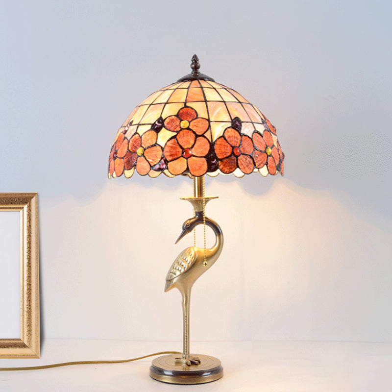2 Bulbs Halcyon Night Table Light Tiffany Gold Metal Nightstand Lamp with Pull Chain and Flower Glass Shade Gold Clearhalo 'Lamps' 'Table Lamps' Lighting' 982503