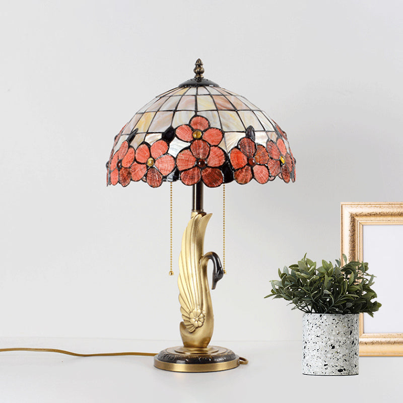 Flower-Edge Pink Grid Glass Night Lamp Tiffany 2-Light Gold Pull Chain Table Lighting with Swan Base Gold Clearhalo 'Lamps' 'Table Lamps' Lighting' 982507