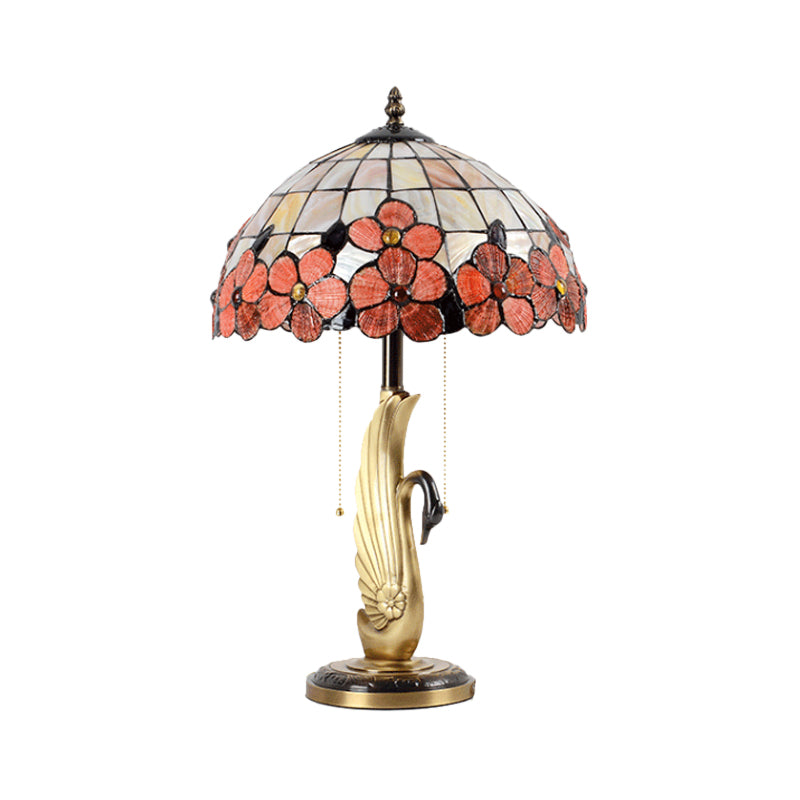 Flower-Edge Pink Grid Glass Night Lamp Tiffany 2-Light Gold Pull Chain Table Lighting with Swan Base Clearhalo 'Lamps' 'Table Lamps' Lighting' 982509