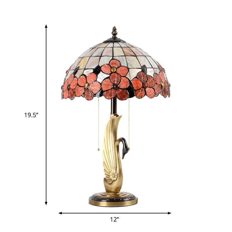 Flower-Edge Pink Grid Glass Night Lamp Tiffany 2-Light Gold Pull Chain Table Lighting with Swan Base Clearhalo 'Lamps' 'Table Lamps' Lighting' 982510