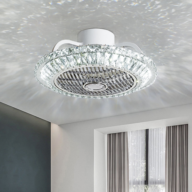 White Finish Round Hanging Fan Light Modern K9 Crystal Block LED Flush Ceiling Lamp Fixture, 19.5
