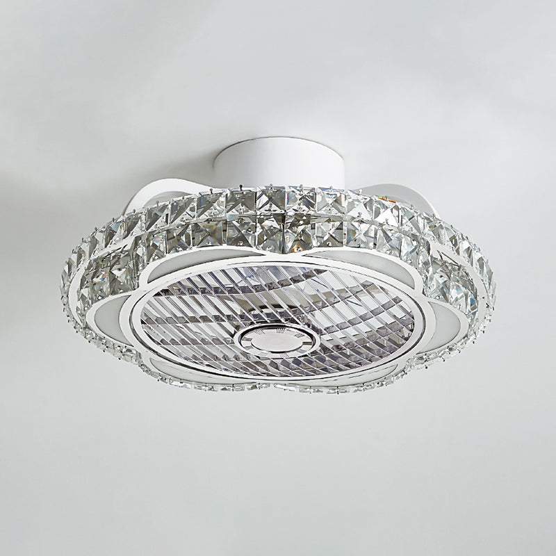 Modernist Flower Ceiling Fan Lamp Faceted Crystal Dining Room LED Flush Light Fixture in White, 19.5