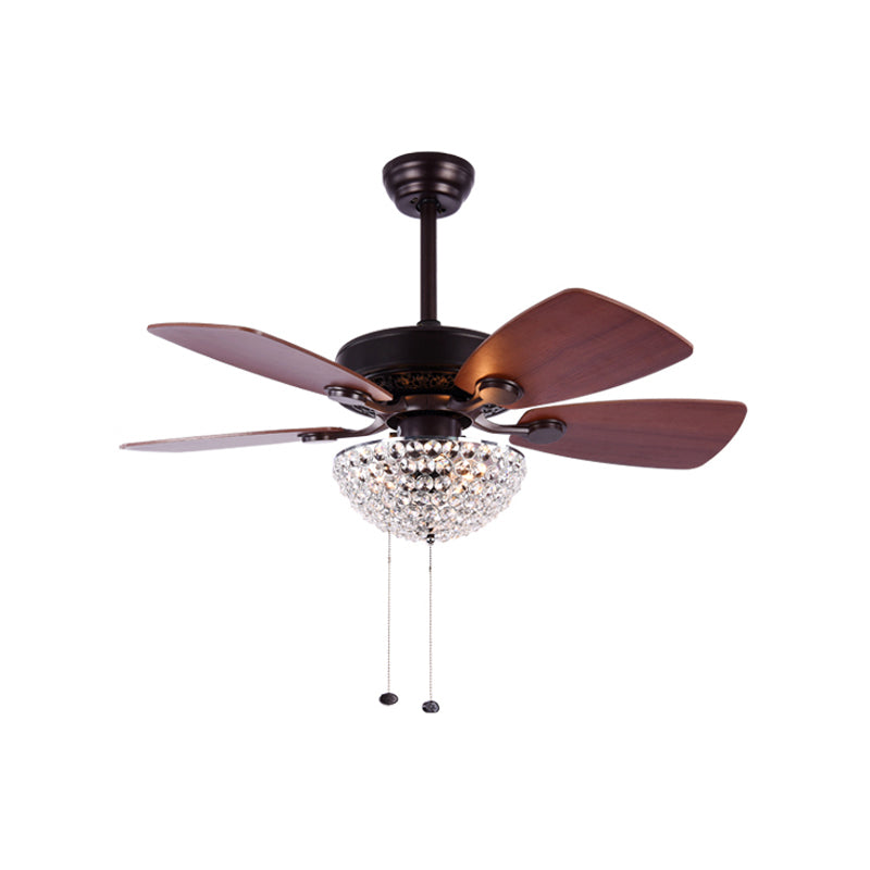 Crystal Embedded Dome Ceiling Fan Light Modernist LED Semi Flush Lamp with 4 Red Brown Blades, 36