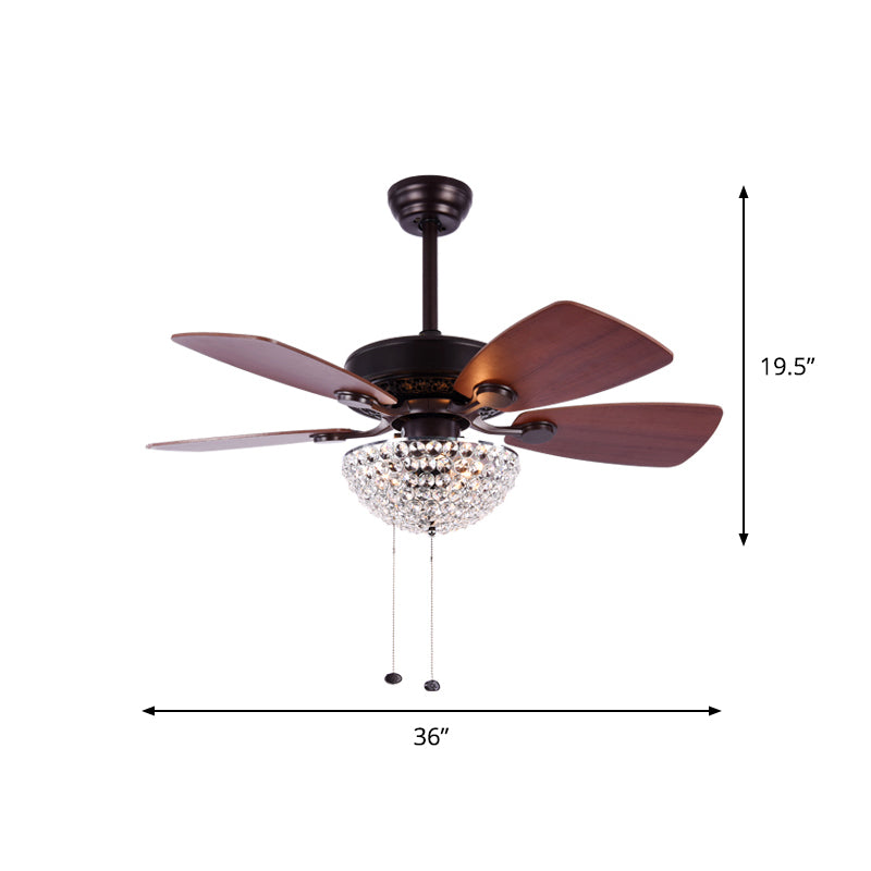 Crystal Embedded Dome Ceiling Fan Light Modernist LED Semi Flush Lamp with 4 Red Brown Blades, 36