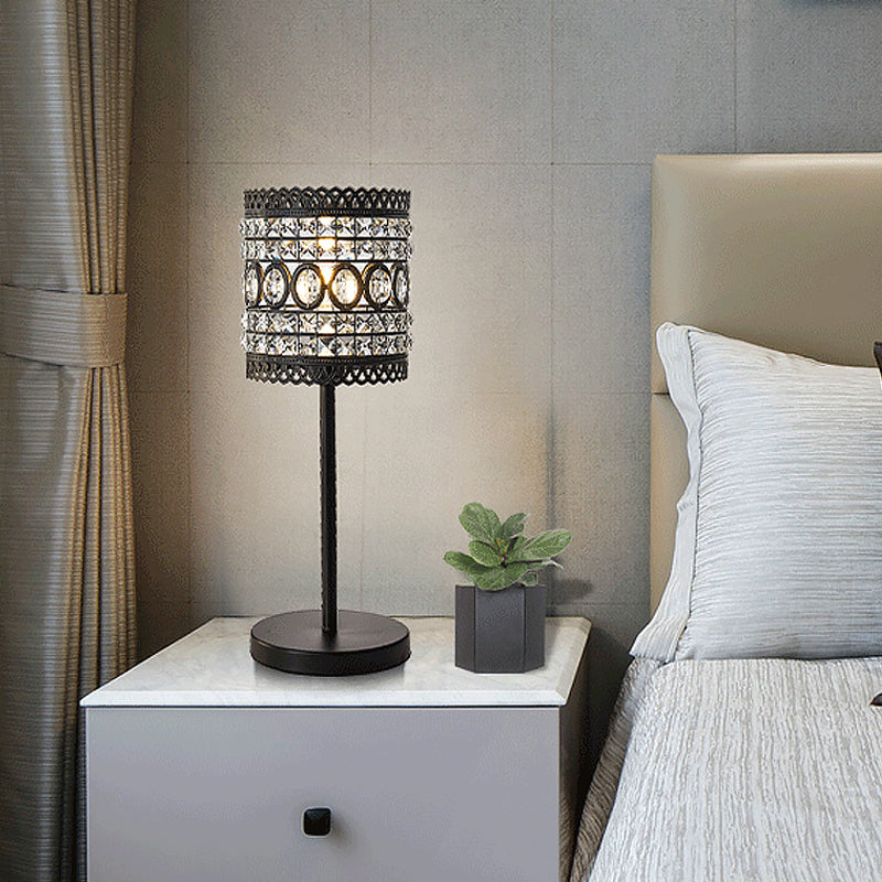 Cylinder Night Table Light Modern Metallic 1-Head Bedside Nightstand Lamp with Crystal Accent in Black Clearhalo 'Lamps' 'Table Lamps' Lighting' 982750