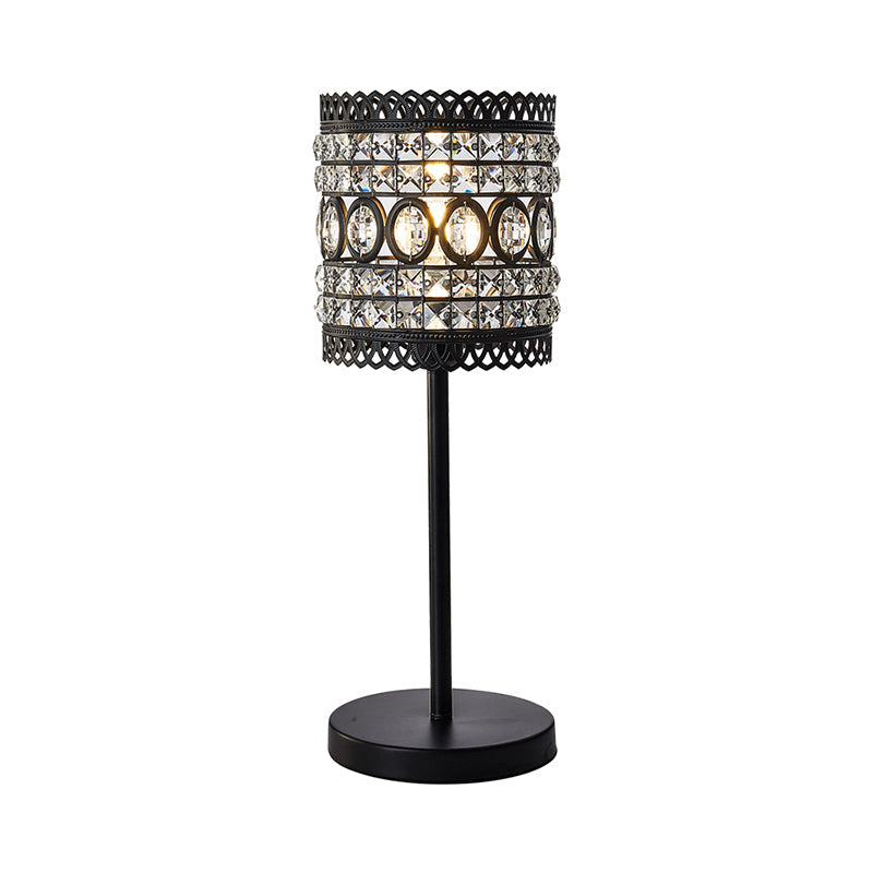 Cylinder Night Table Light Modern Metallic 1-Head Bedside Nightstand Lamp with Crystal Accent in Black Clearhalo 'Lamps' 'Table Lamps' Lighting' 982751