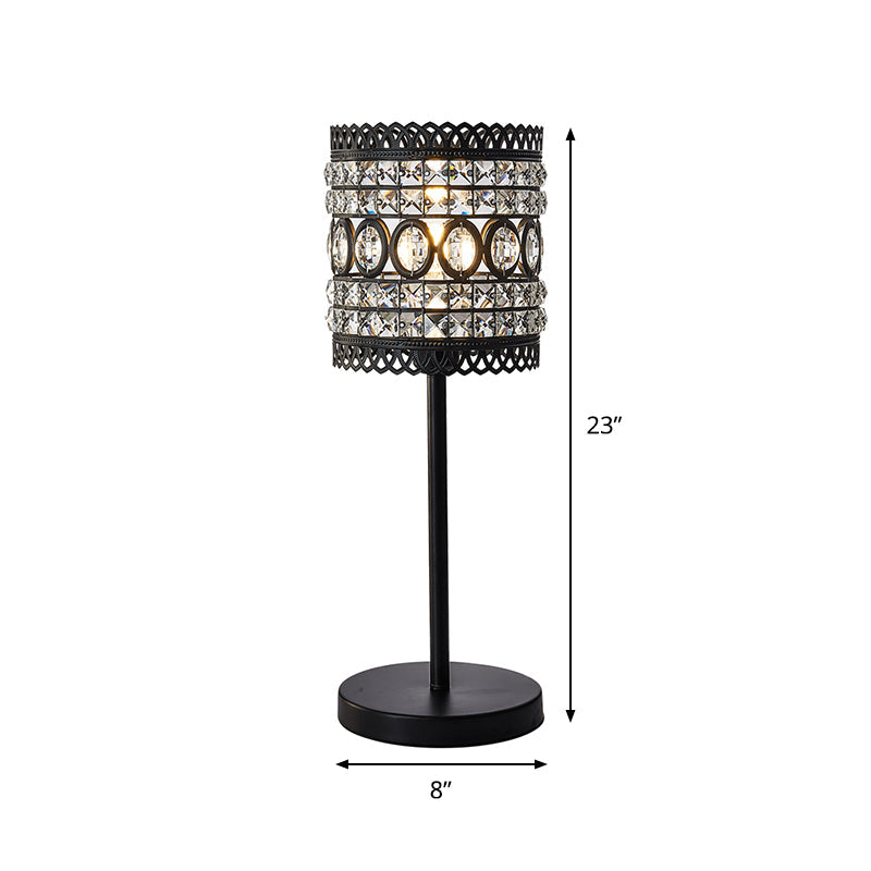 Cylinder Night Table Light Modern Metallic 1-Head Bedside Nightstand Lamp with Crystal Accent in Black Clearhalo 'Lamps' 'Table Lamps' Lighting' 982752