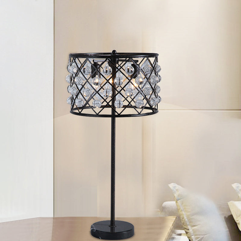 Modernist Grid Nightstand Light with Drum Design Crystal Drip 3 Lights Bedside Table Lamp in Black Black Clearhalo 'Lamps' 'Table Lamps' Lighting' 982753