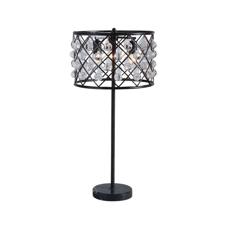 Modernist Grid Nightstand Light with Drum Design Crystal Drip 3 Lights Bedside Table Lamp in Black Clearhalo 'Lamps' 'Table Lamps' Lighting' 982754
