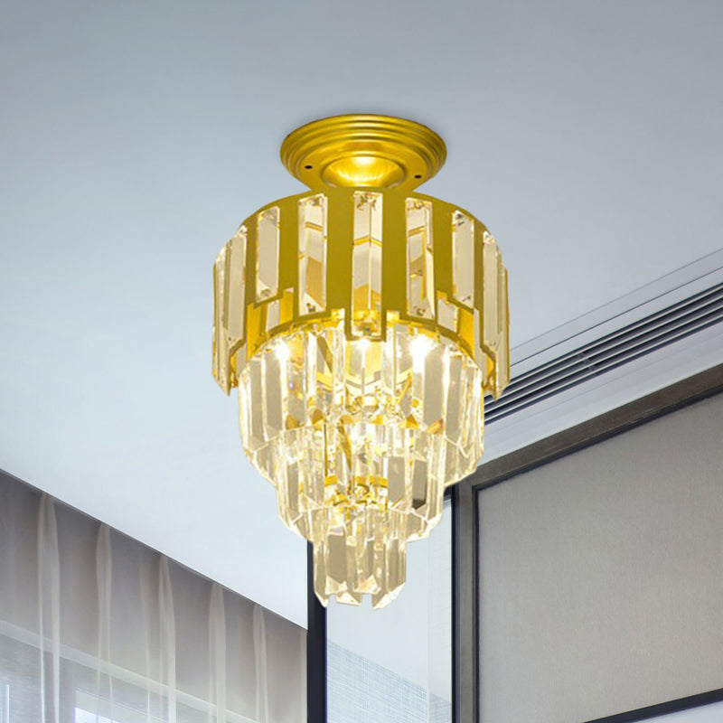 Crystal Rods Gold Flush Mounted Light 4-Tier Taper Single Post-Modern Semi Flush Ceiling Light Fixture Gold Clearhalo 'Ceiling Lights' 'Close To Ceiling Lights' 'Close to ceiling' 'Semi-flushmount' Lighting' 982873